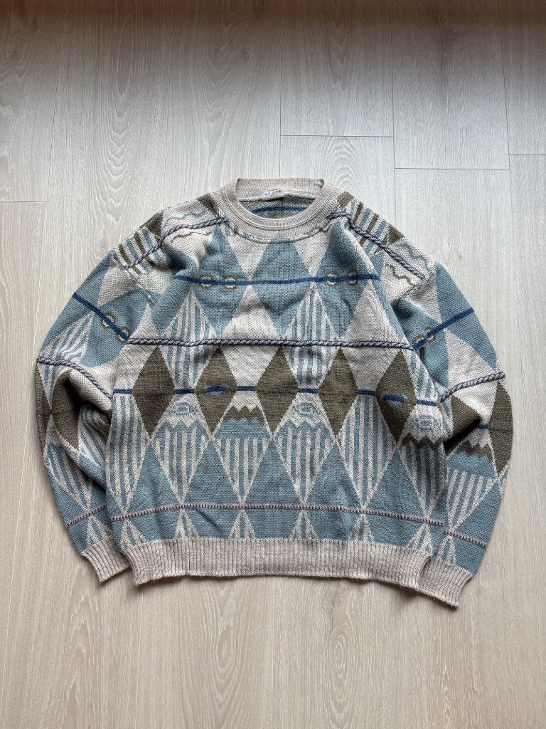 Vintage Gebreide Trui Lichtblauw Ruiten S-M, ., Vintage, Ophalen of Verzenden, Zo goed als nieuw