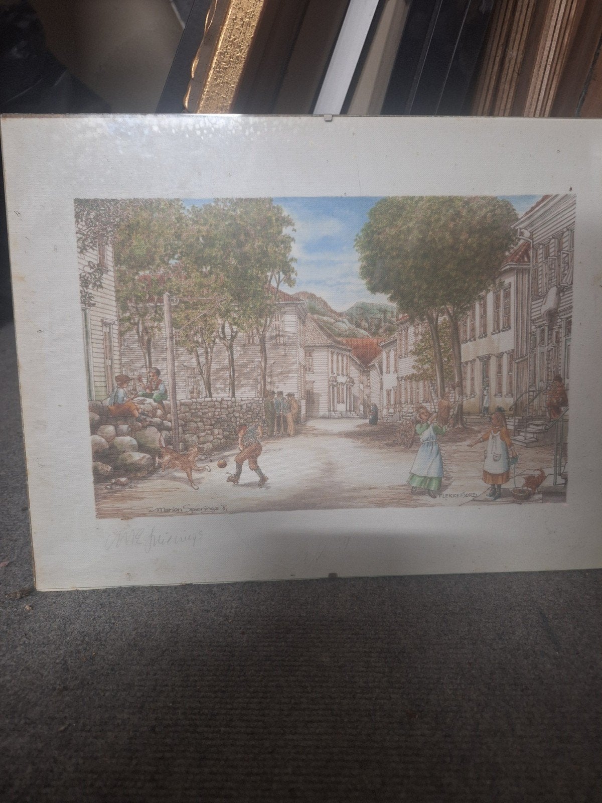 Marion Spierings - twee tekeningen / straatscènes Noorwegen, Antiek en Kunst, Ophalen of Verzenden