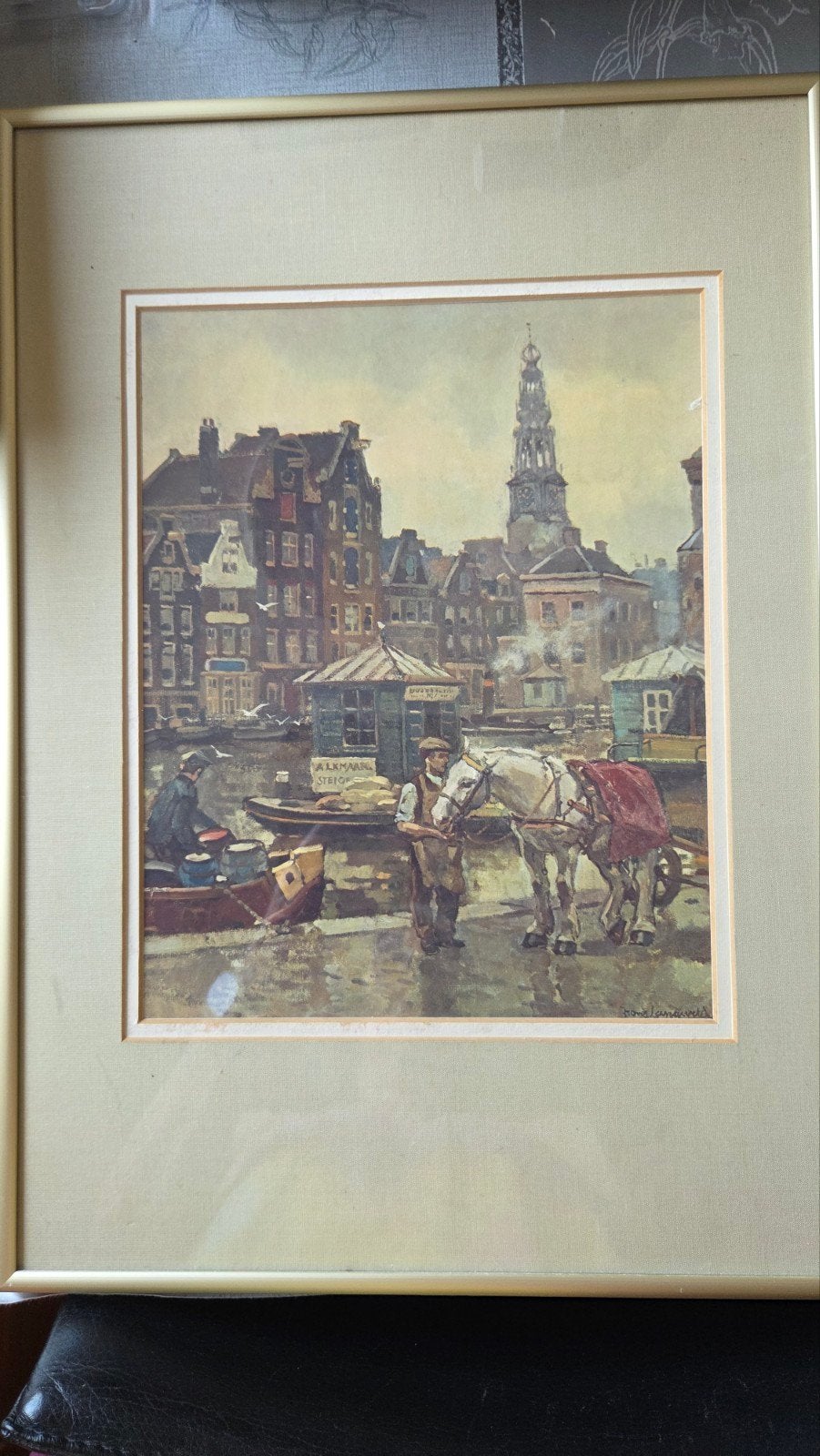 Stadsgezicht Amsterdam met gracht en paard, Antiek en Kunst, Ophalen of Verzenden