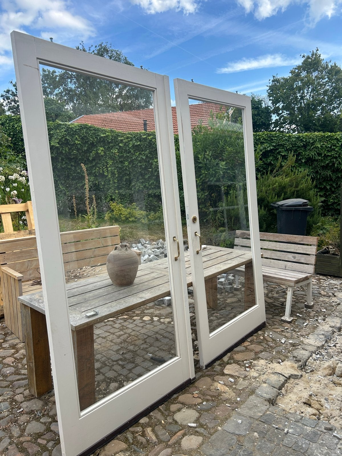 Set van 2 glazen schuifdeuren met messing handgrepen, Ophalen, Gebruikt, 80 tot 100 cm, 215 cm of meer