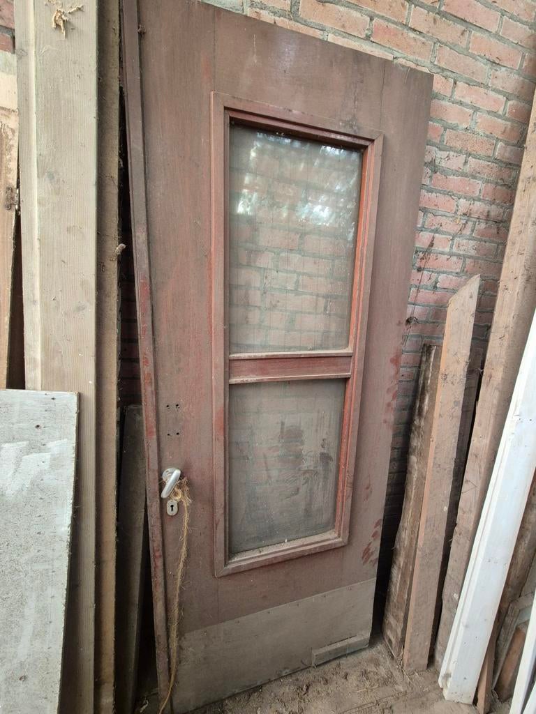 Hardhouten deur met glas en blikken onderkant, Gebruikt, 80 tot 100 cm, Ophalen of Verzenden, Buitendeur
