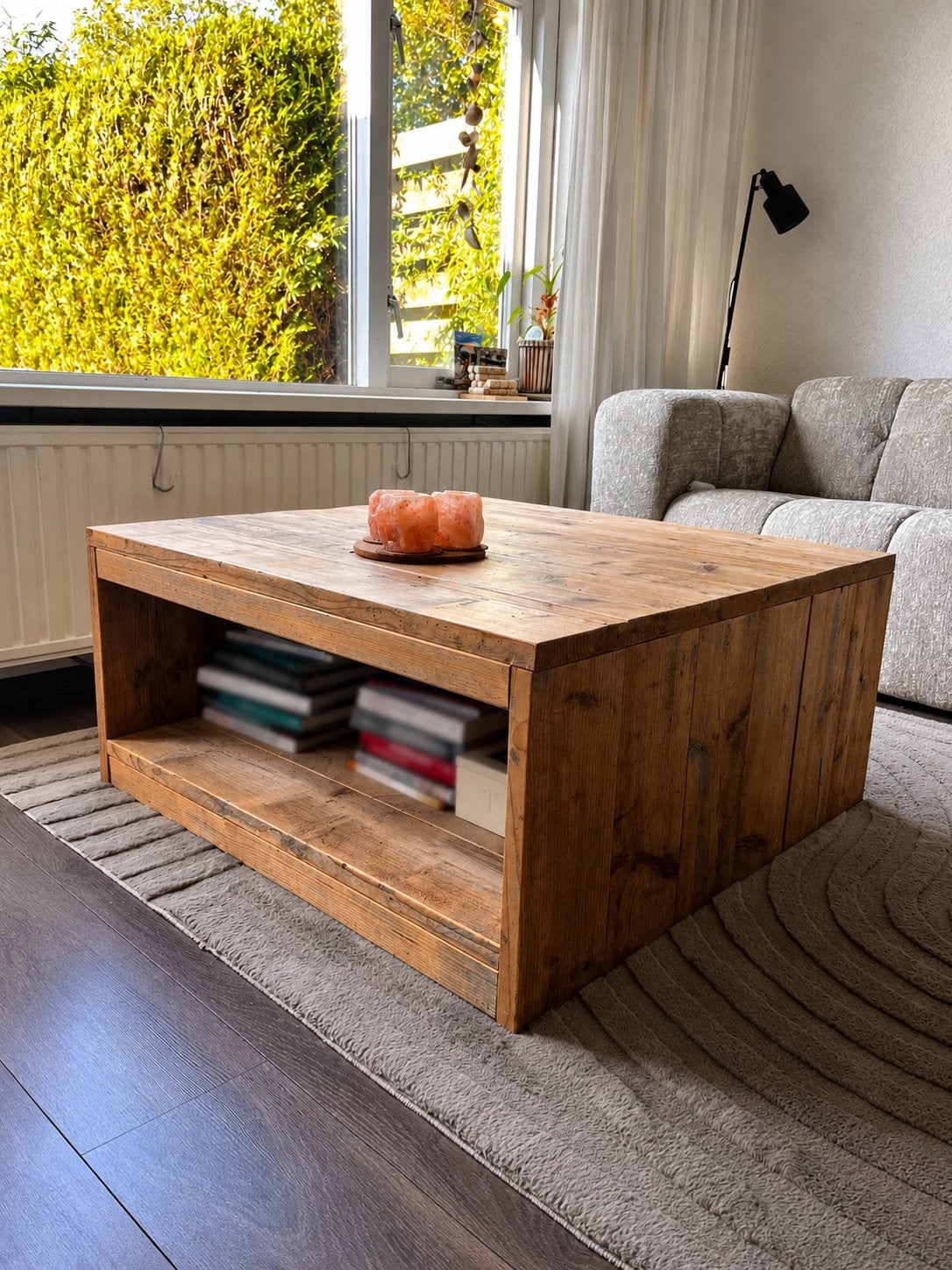 Handgemaakte houten salontafel – met opbergruimte, Ophalen, Gebruikt, 100 tot 150 cm, 50 tot 100 cm