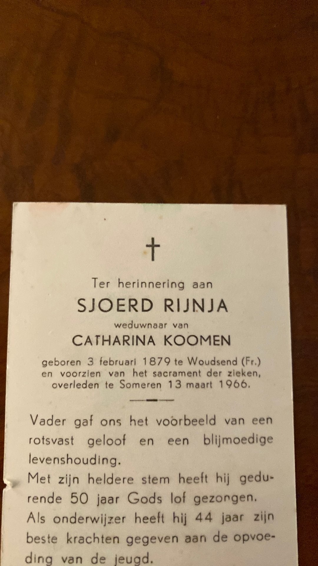 Sjoerd Rijnja x Koomen 1879 Woudsend (Fr) 1966 Someren, Verzamelen, Bidprentjes en Rouwkaarten, Ophalen of Verzenden