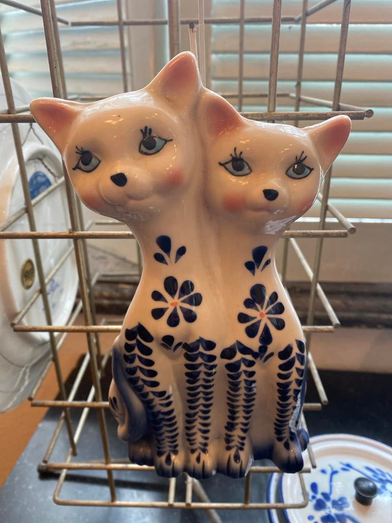 Vintage Siamese Katten verwarmingsvaasje- Delfts Blauw Stijl, Ophalen
