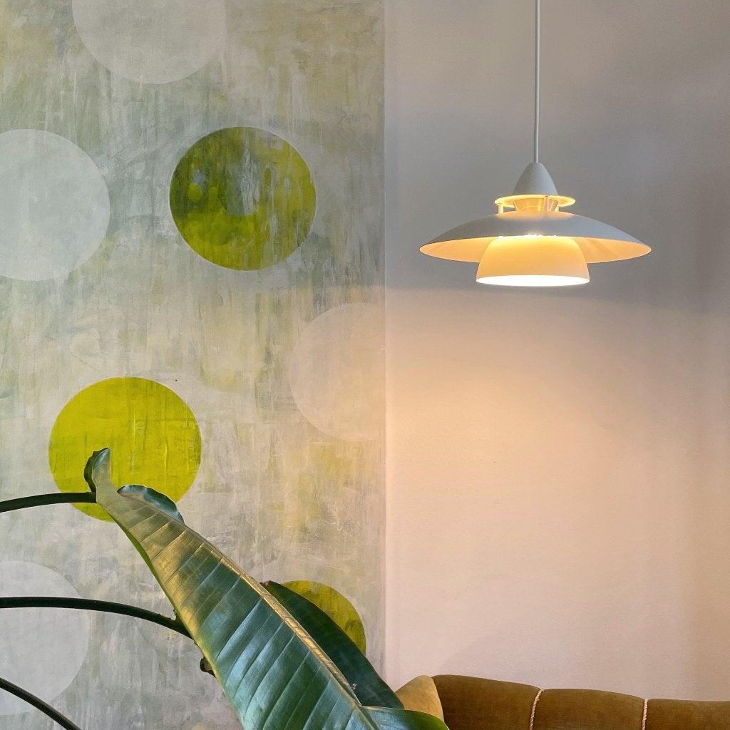 vintage Deens Design SCHALENLAMP wit metaal rvs retro MCM, Huis en Inrichting, Lampen | Hanglampen, Gebruikt, -, -, Vintage Mid Century Deens Nordic Scandinavisch retro design