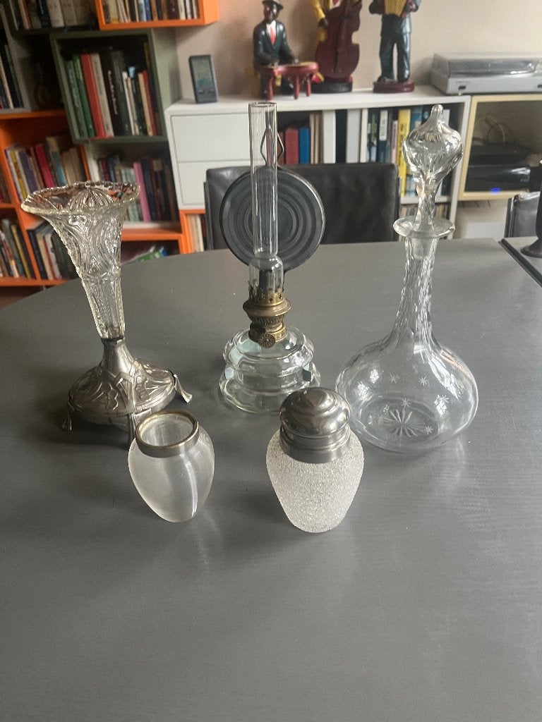 Karaf, vaas, wandolielamp`, glazen beker met zilveren rand, Ophalen