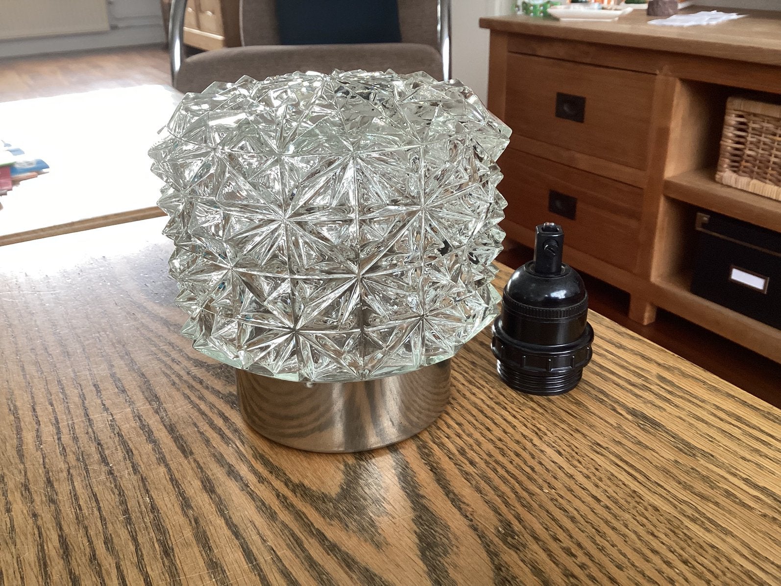 Vintage hanglamp Bur,jaren 60 gefacetteerd glas met chroom., Ophalen of Verzenden