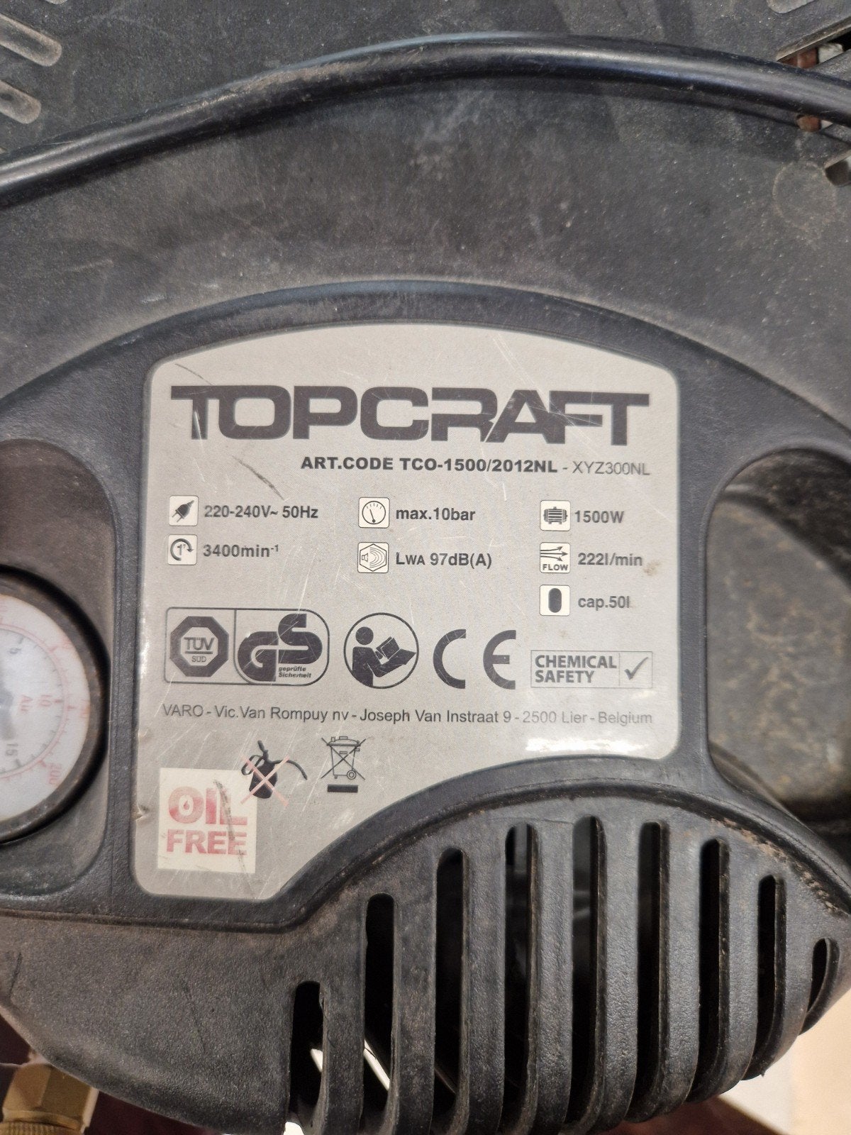 TOPCRAFT TCO-1500/2012NL Compressor 50L, 10 bar, 1500W, Doe-het-zelf en Verbouw, Ophalen, Gebruikt