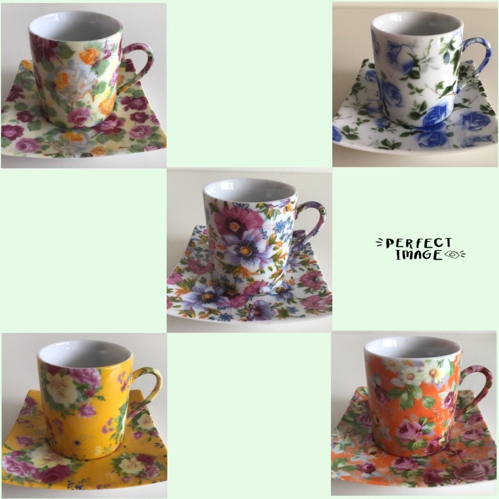 Bijzonder mooie set van 5 espresso kop en schotels - bloemen, Overige merken, Ophalen of Verzenden, Zo goed als nieuw, Overige stijlen