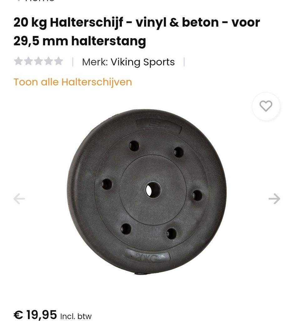 Halterschijf 20 kg vinyl en beton, nieuw in verpakking, Ophalen of Verzenden, Halterstangen