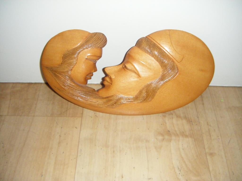 Vintage wanddecoratie,jr'50-'60,hout,moeder-kind,izgst!Plat, Ophalen of Verzenden, Huis en Inrichting