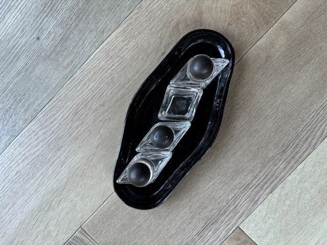 Antiek Vintage Peper en zoutstel glas bakeliet keramiek, Ophalen of Verzenden