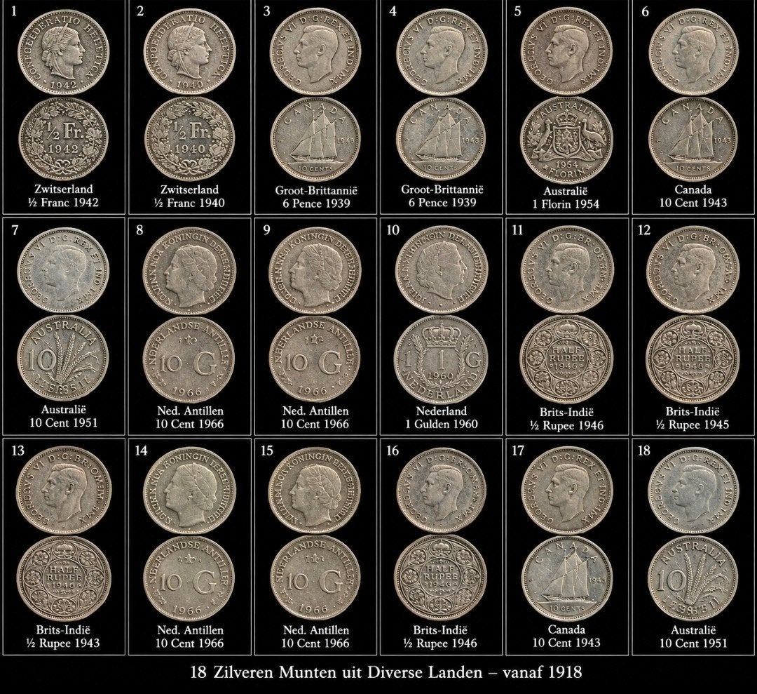 18 Zilveren Munten uit Diverse Landen vanaf 1906, Ophalen of Verzenden, Setje, Zilver