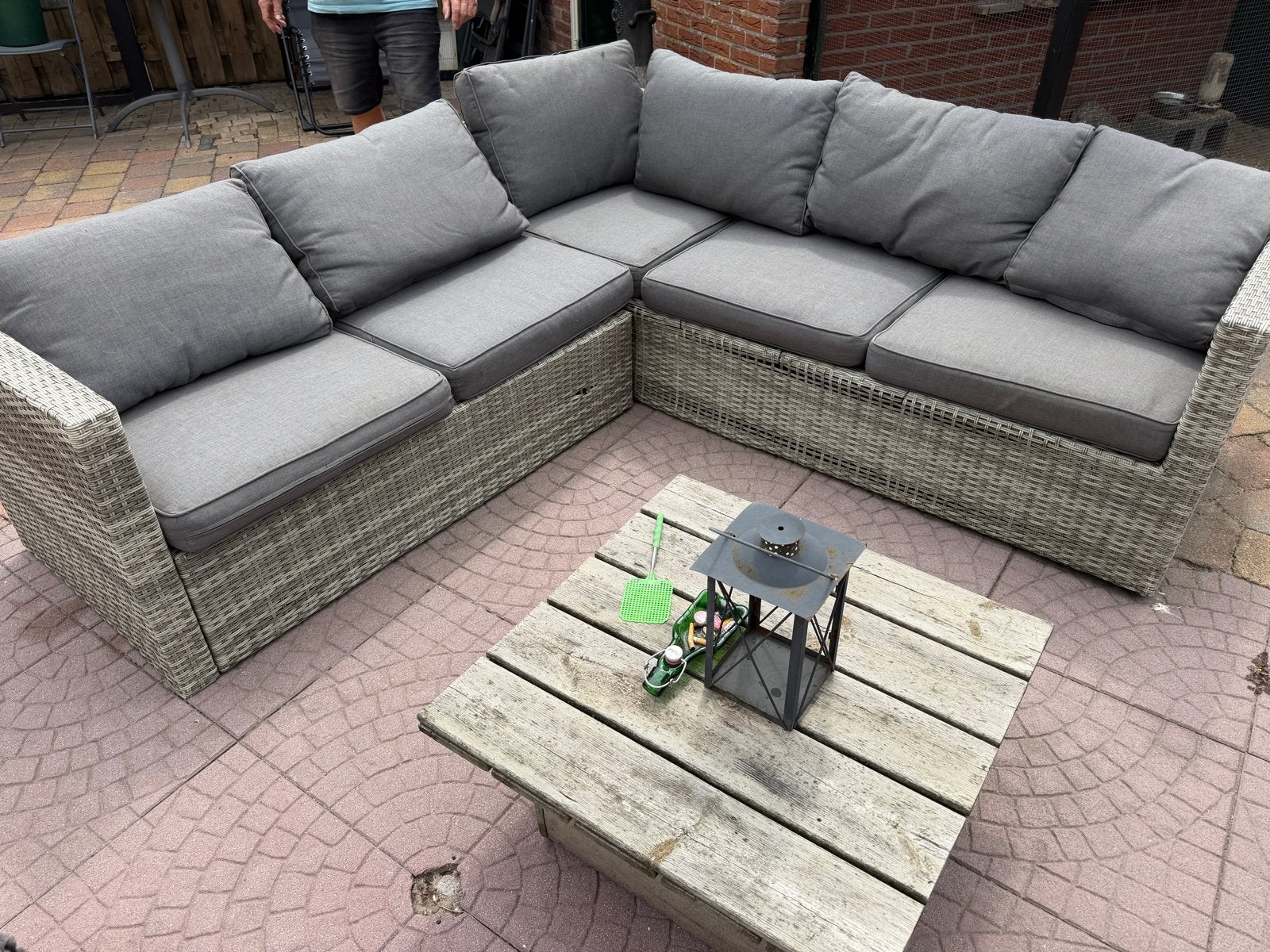 Mooie rieten tuin loungeset met kussens met tafel, Ophalen, 5 zitplaatsen, Gebruikt, Rotan