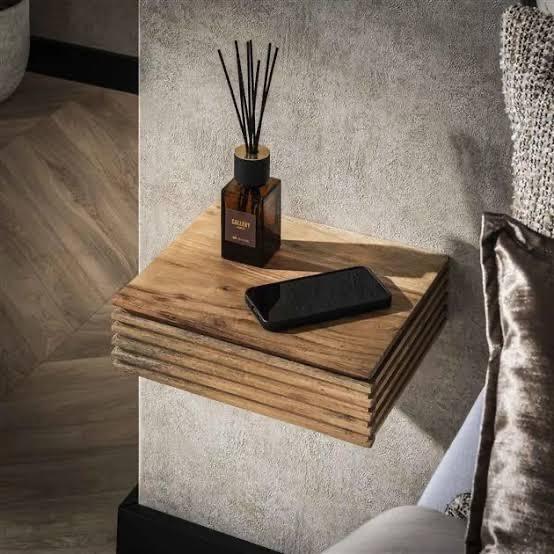 Zwevende Nachtkastjes Set van 2 - Geribbeld Acaciahout, Huis en Inrichting, Slaapkamer | Nachtkastjes, Minder dan 45 cm, Nieuw