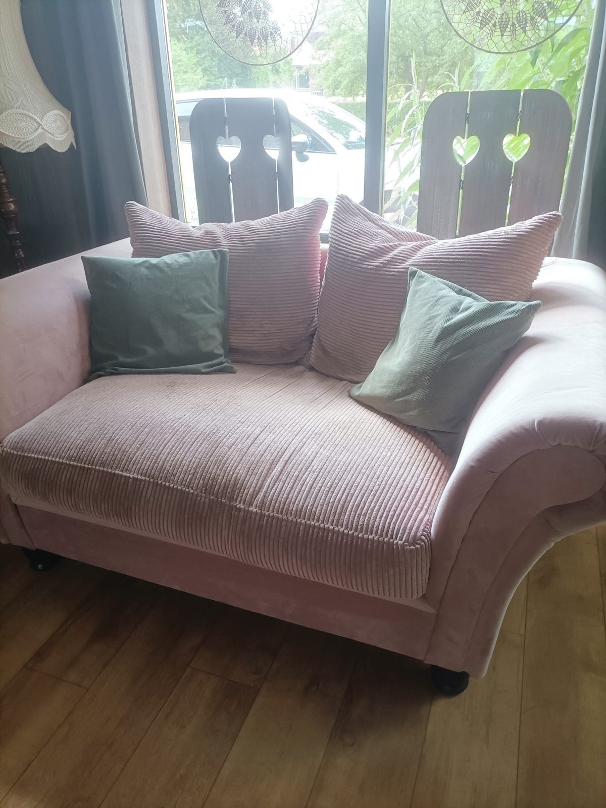 Roze ribfluwelen bank en loveseat, Ophalen, Gebruikt, Driepersoons, 75 tot 100 cm