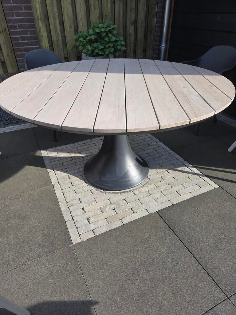 Ronde tuintafel met houten blad en metalen voet, Ophalen, Gebruikt, Rond, Metaal