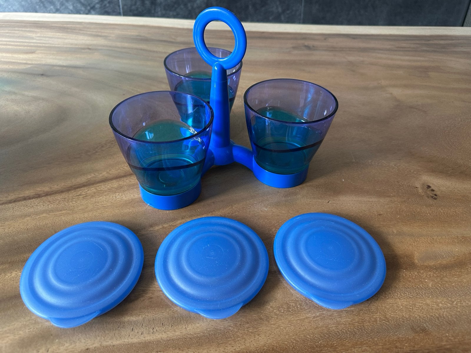 Tupperware caroussel / snackset met 3 bakjes en deksels, Ophalen of Verzenden, Gebruikt, Blauw, Bak of Kom