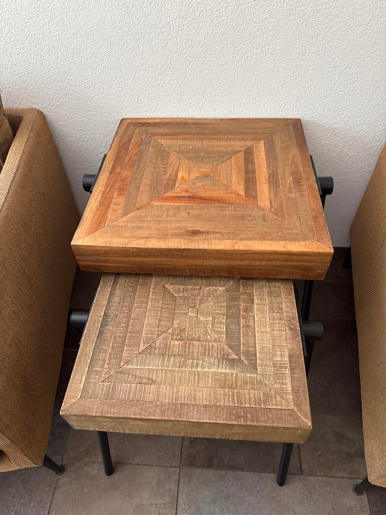 Set van 2 houten bijzettafels - industrieel design, Ophalen, Minder dan 45 cm, Minder dan 55 cm, Gebruikt