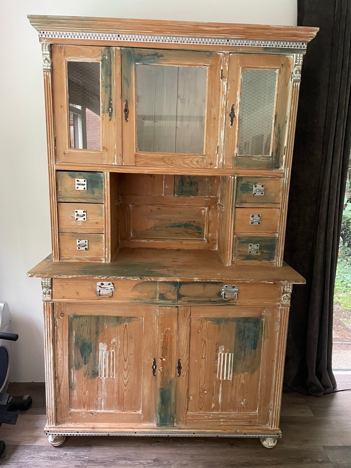 Antieke grenen secretaire kast met vitrine en lades, Antiek en Kunst, Ophalen