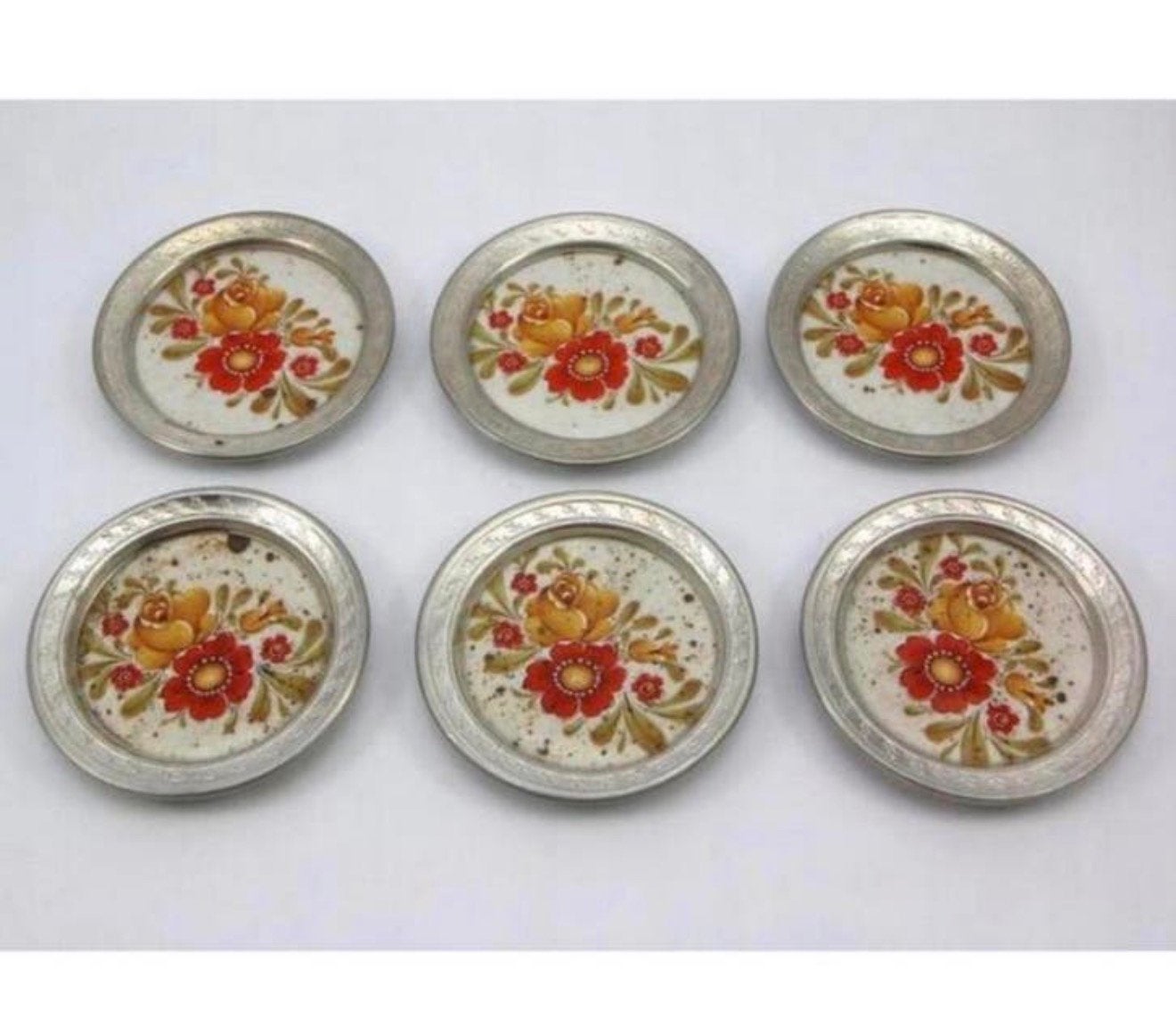 Zes vintage onderzetters antiek porselein bloemen hoge rand, Antiek en Kunst, Curiosa en Brocante, Ophalen of Verzenden