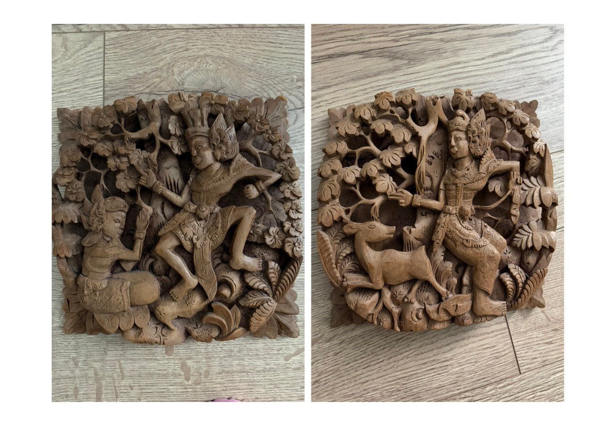 Indonesische teak houtsnijwerken – 3D panelen – jaren 70/80, 20 cm, Hout, Ophalen of Verzenden, Zo goed als nieuw
