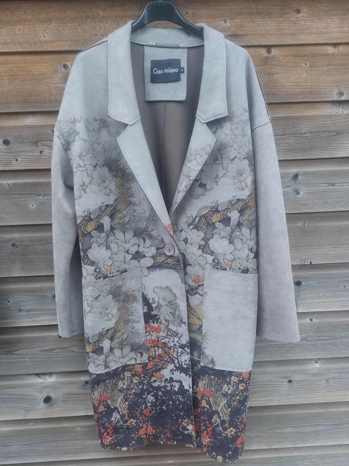 Muisgrijs kunst suède bewerkte lange blazer jas Ciao Milano, Ophalen of Verzenden, Zo goed als nieuw, Maat 42/44 (L)