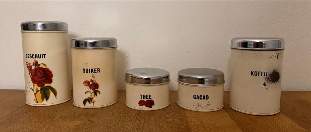 Vintage voorraadblikken set - Beschuit, Suiker, Thee, Cacao,, Ophalen