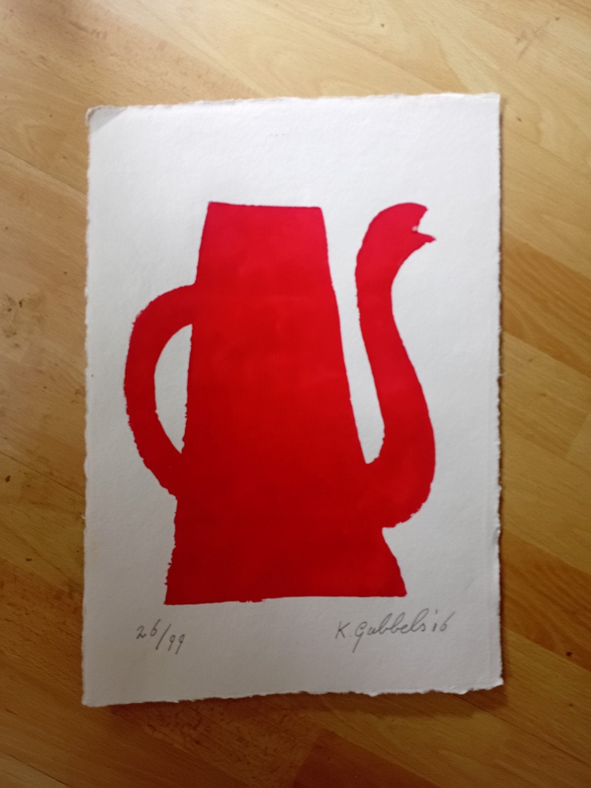 Klaas Gubbels - Rode Koffie Pot (Houtdruk), Dagelijks leven, 1950 - 1999, Ophalen of Verzenden, Houtsnede