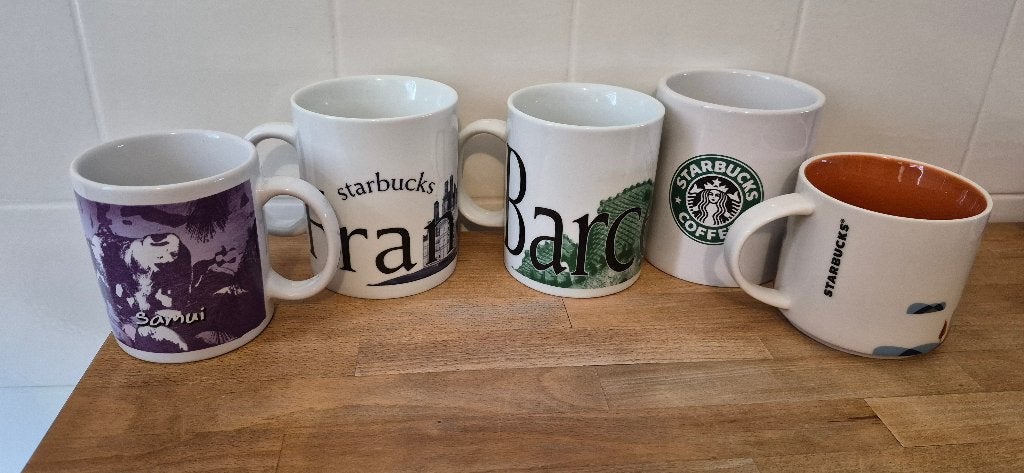 5 starbucks mokken / bekers waarvan 3 xxl mokken, Zo goed als nieuw, Overige stijlen, Starbucks, Aardewerk