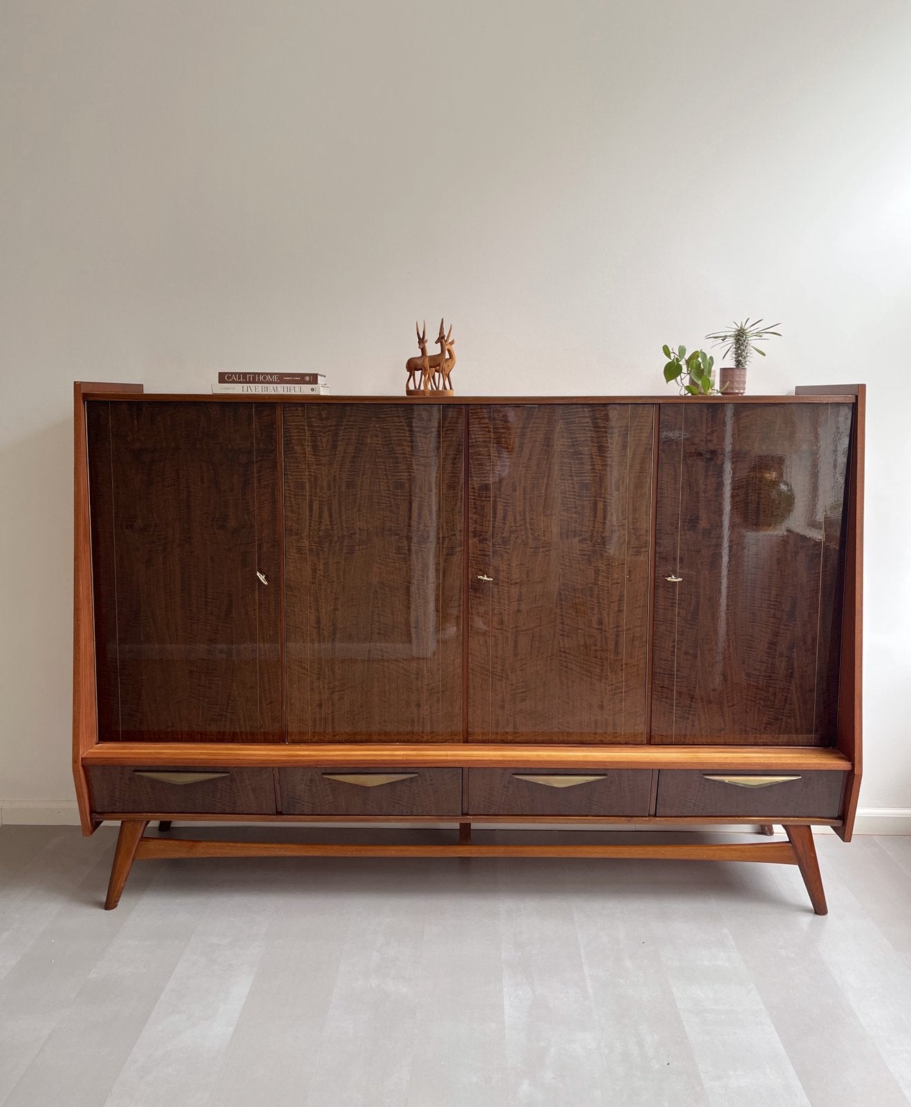 Vintage teakhouten/palissander dressoir/highboard, jaren 60, Ophalen, 100 tot 150 cm, 3 of 4 laden, 200 cm of meer