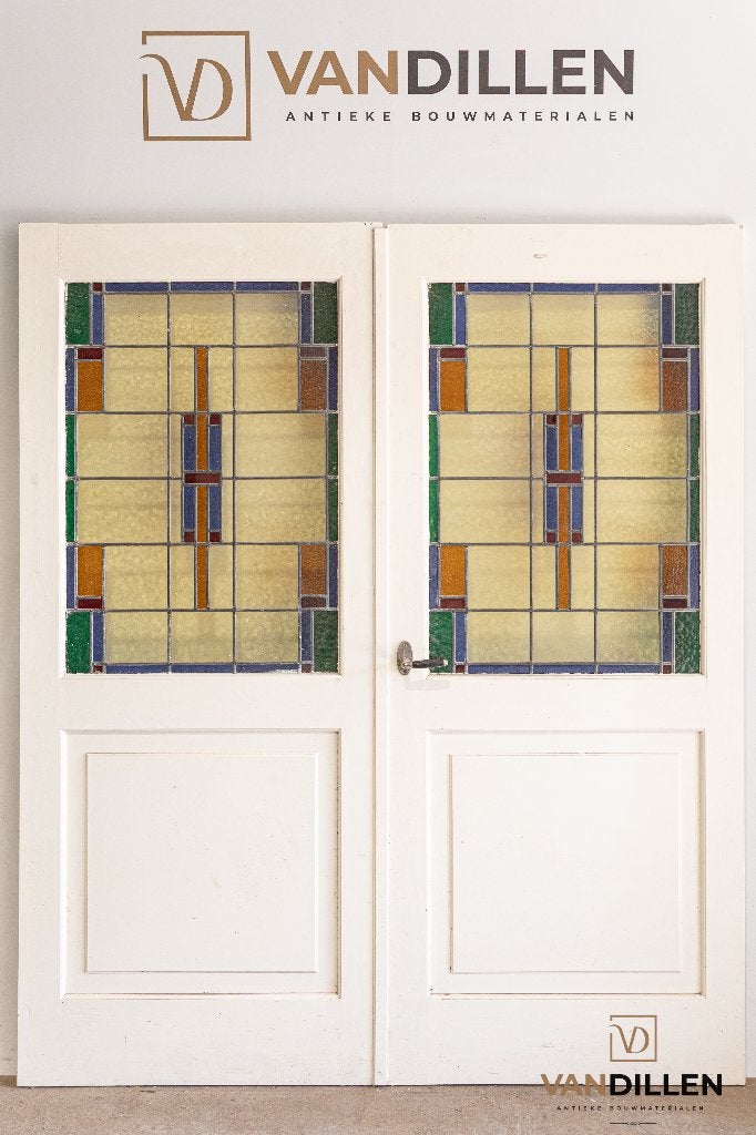 Oude ensuite vouw - klap deuren met glas in lood, Gebruikt, 120 cm of meer, Binnendeur, Ophalen of Verzenden
