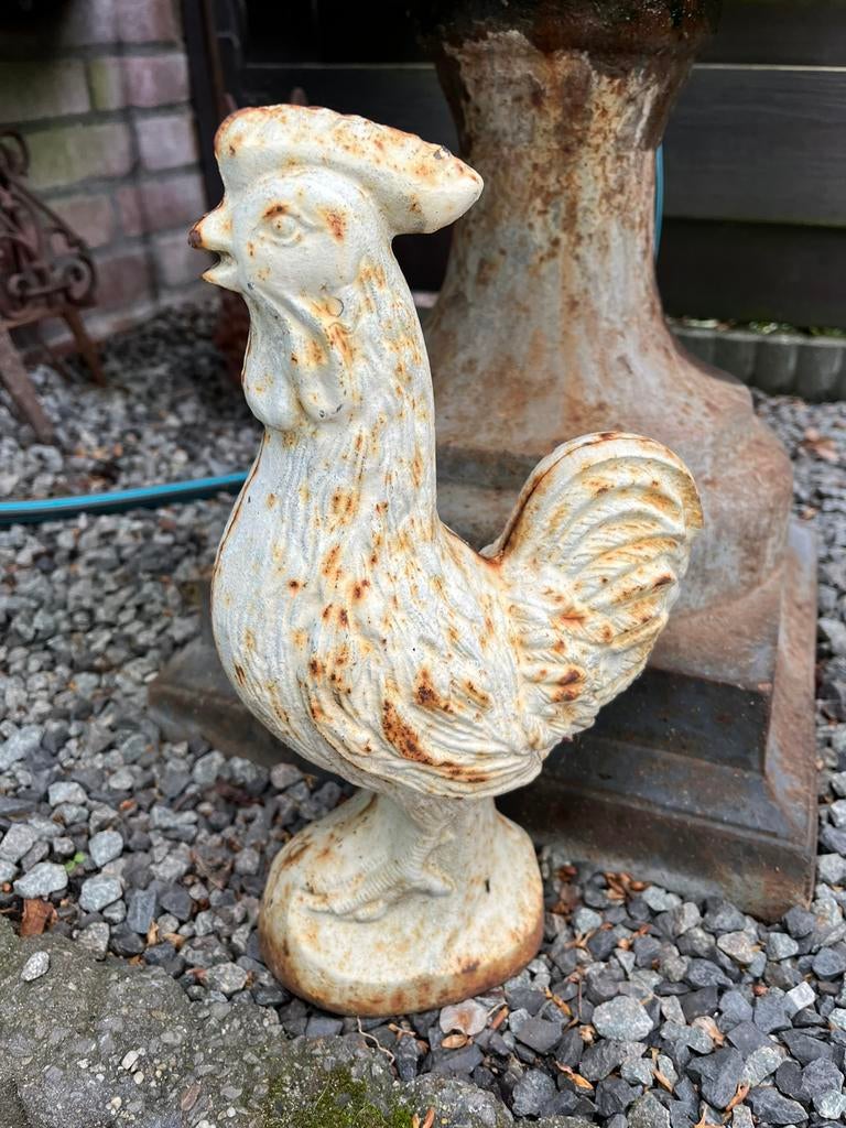 Vintage - brocante gietijzeren haan/kip, Ophalen, Gebruikt, Overige materialen, Dierenbeeld