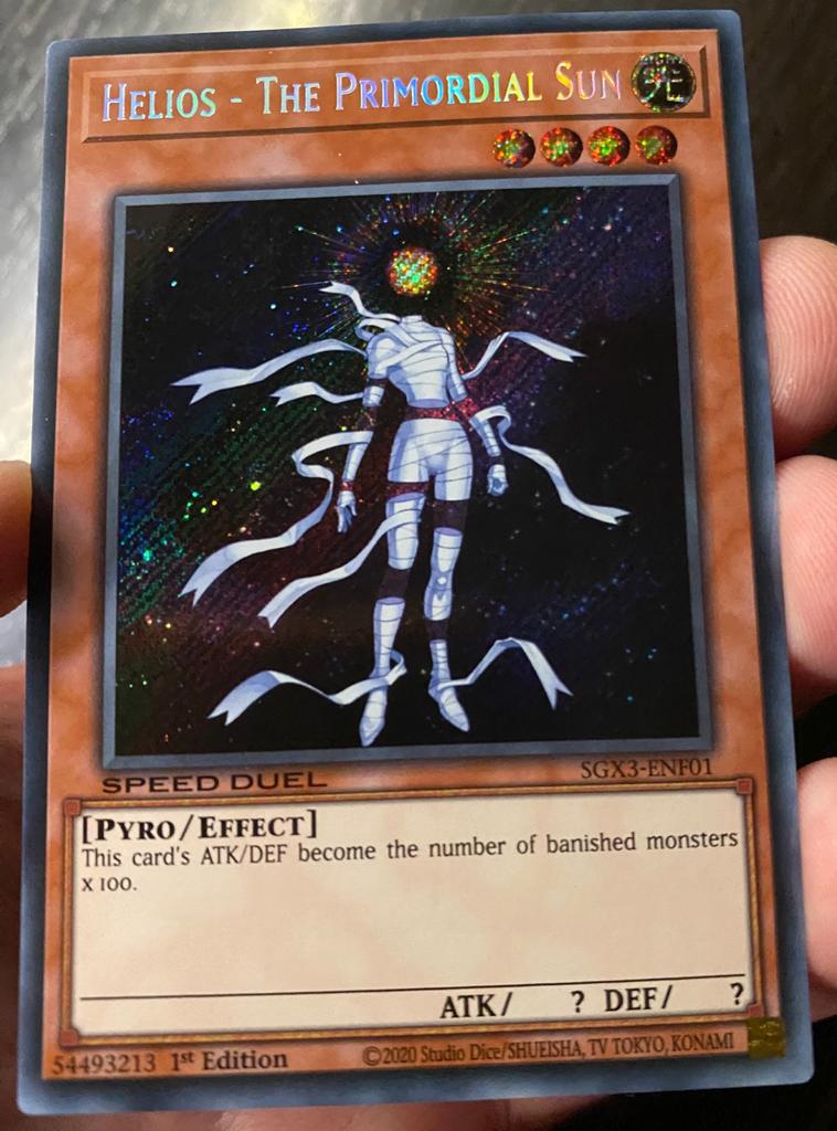 Yu-Gi-Oh! Helios -  The Primordial Sun SGX3 1st Edition !, Ophalen of Verzenden, Zo goed als nieuw, Losse kaart, Foil