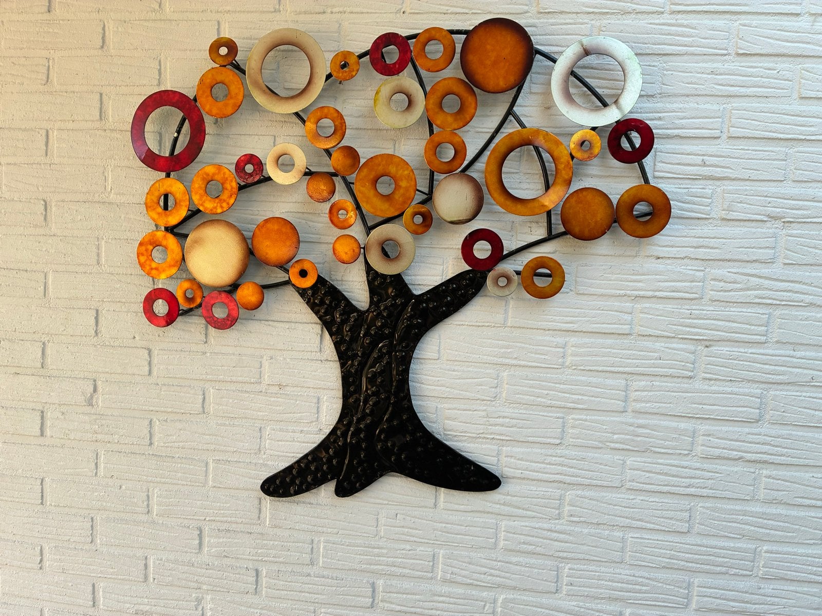 Metalen Wanddecoratie Boom met Kleurrijke Ringen, Ophalen, Metaal, Wandsculptuur, Gebruikt