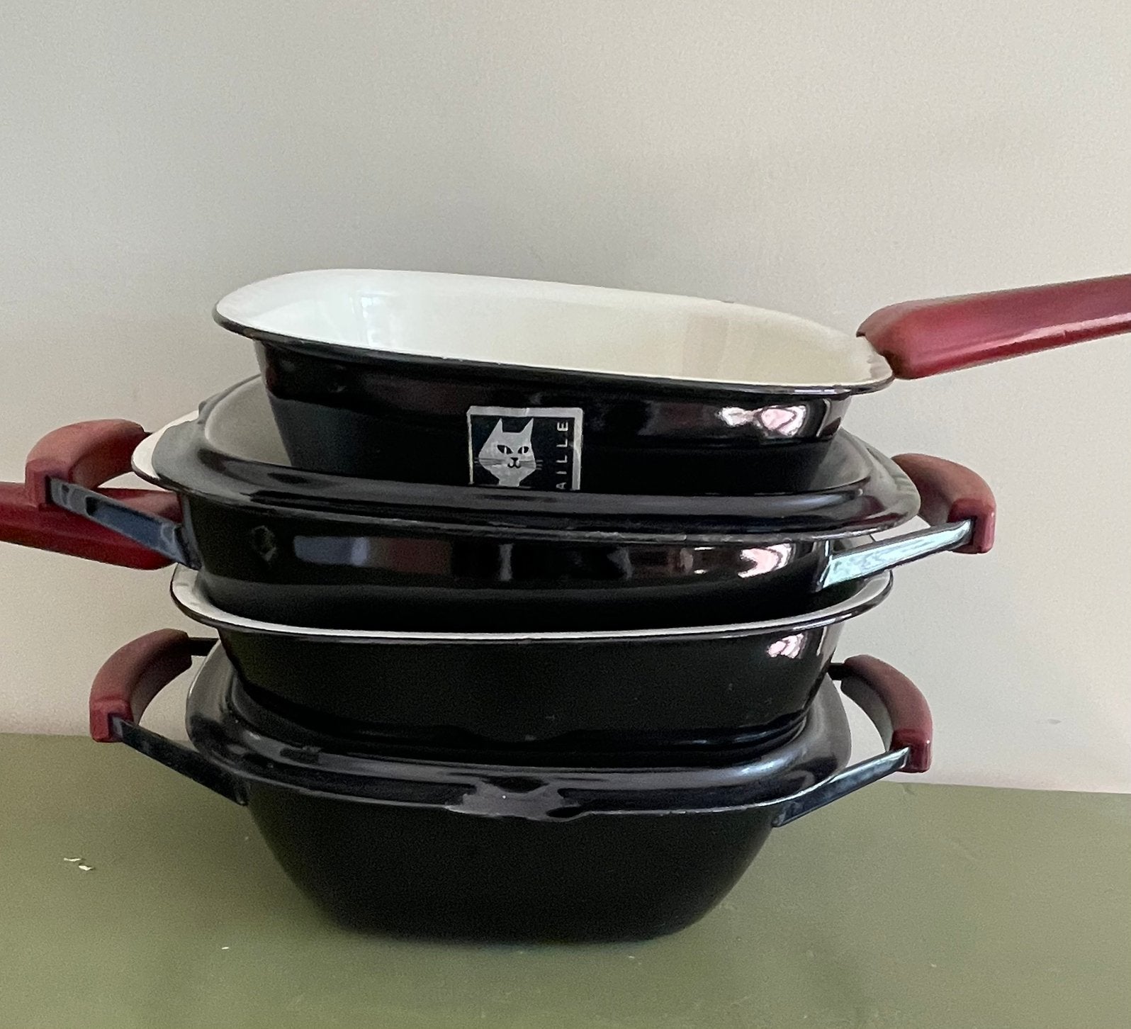 Vintage Super kat emaille pannenset, Ophalen, Zo goed als nieuw, Rvs, Pannenset