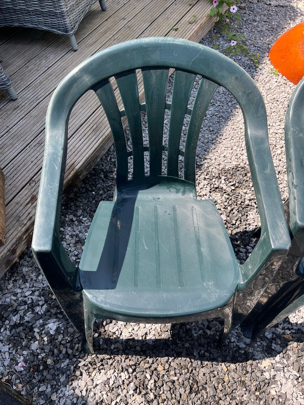 5x Groene kunststof tuinstoelen, Ophalen, Gebruikt, Kunststof, Stapelbaar