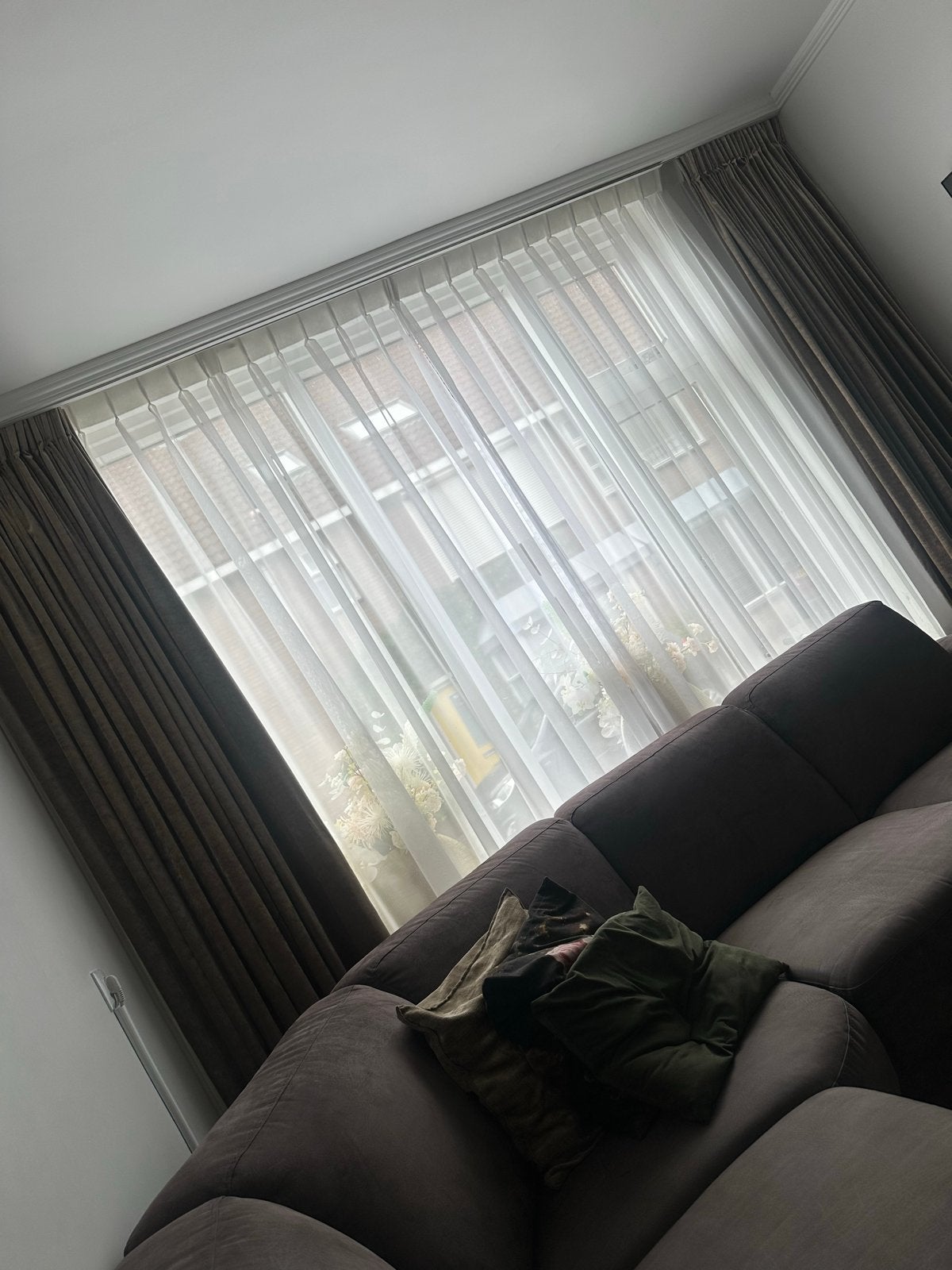 Witte Vitrage en Taupe Bruine Overgordijnen (2 Kanten), Ophalen, Gebruikt, Wit, Gordijn