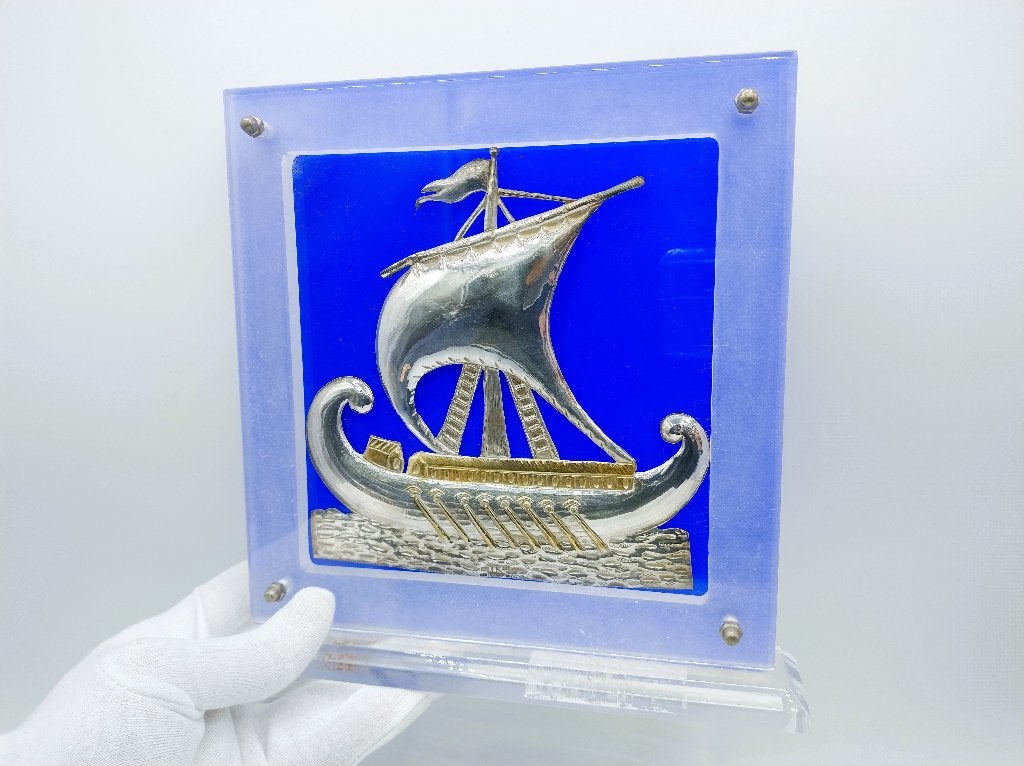 Zilveren vikingschip in display, 925, Antiek en Kunst, Verzenden