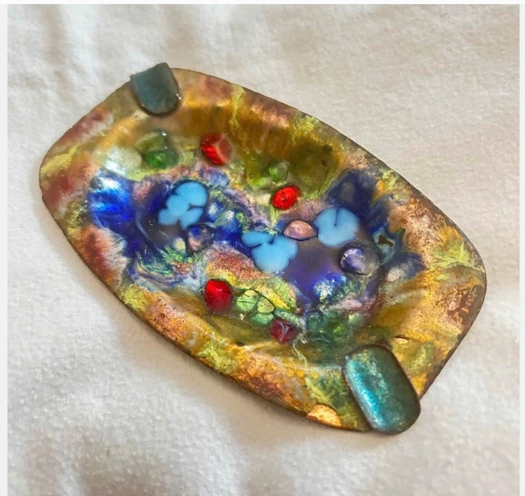 Vintage asbak jaren ‘50-‘60 koper + emaille + glasdecoratie, Ophalen of Verzenden