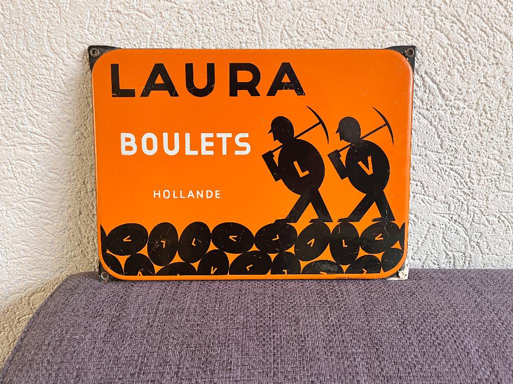 Emaille bord Laura Boulets Hollande, kolenmijn Zuid-Limburg, Reclamebord, Laura Boulets Hollande, Gebruikt, Ophalen of Verzenden