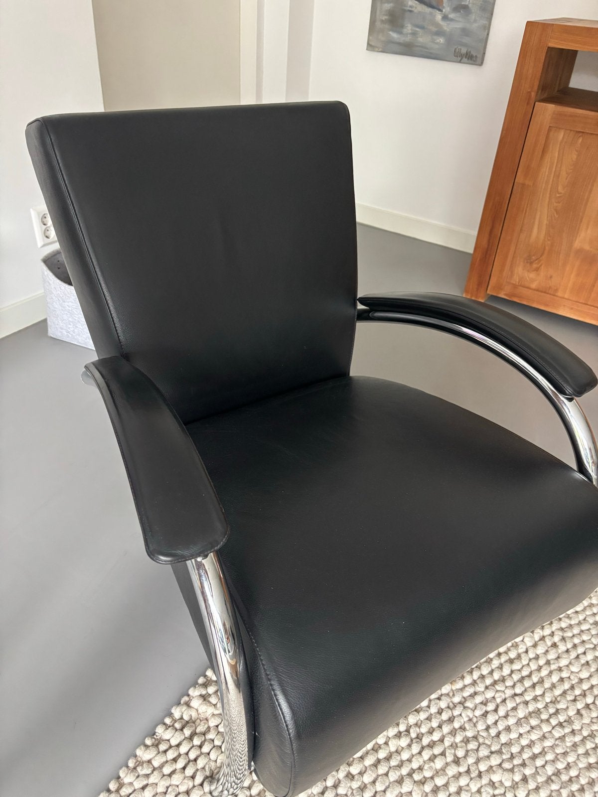 Vintage Molinari Accademia Fauteuil - Zwart Leer, Ophalen, Zo goed als nieuw, Leer, 75 tot 100 cm