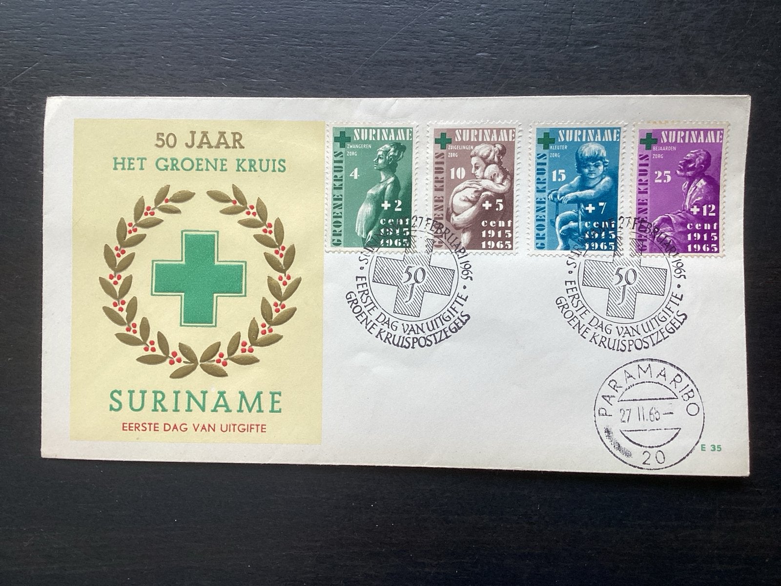 Suriname Eerstedag envelop 50 jaar Het Groene Kruis 1965, Ophalen of Verzenden, Gestempeld, Nederlands-Indië