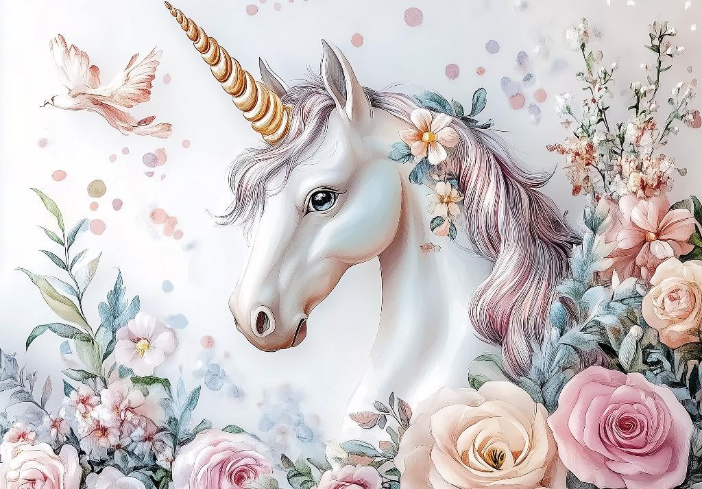 Eenhoorn behang met bloemen - Unicorn - Standaard & Op Maat, Verzenden, Nieuw