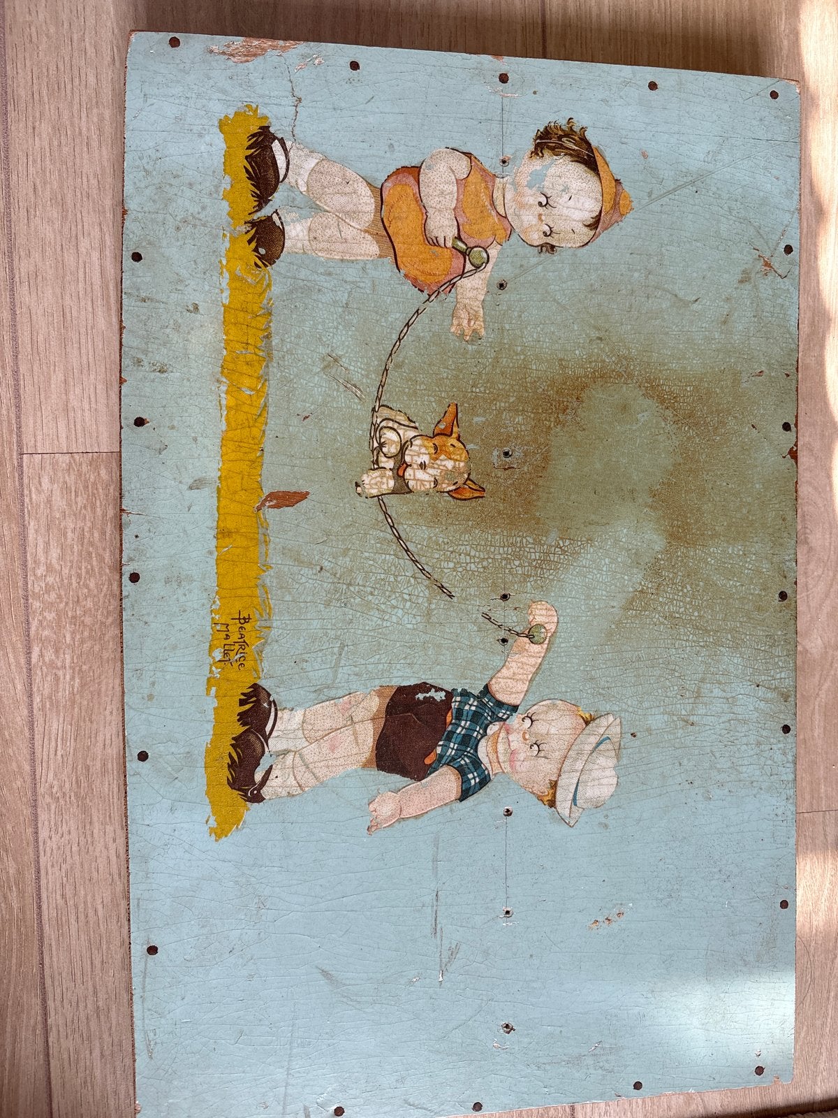 Vintage houten deksel van speelgoeddoos, Antiek en Kunst, Ophalen of Verzenden