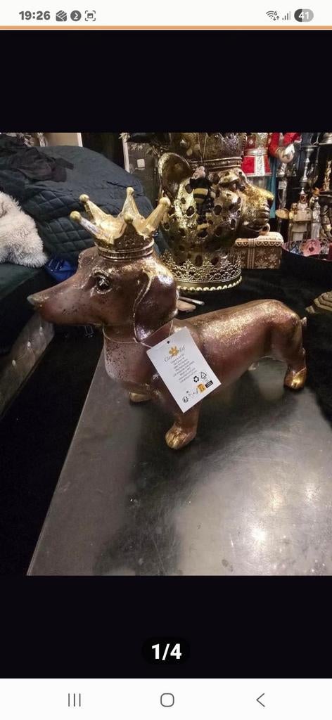 Teckel met kroon - Decoratief beeldje, Overige materialen, Nieuw, Ophalen of Verzenden, Goud