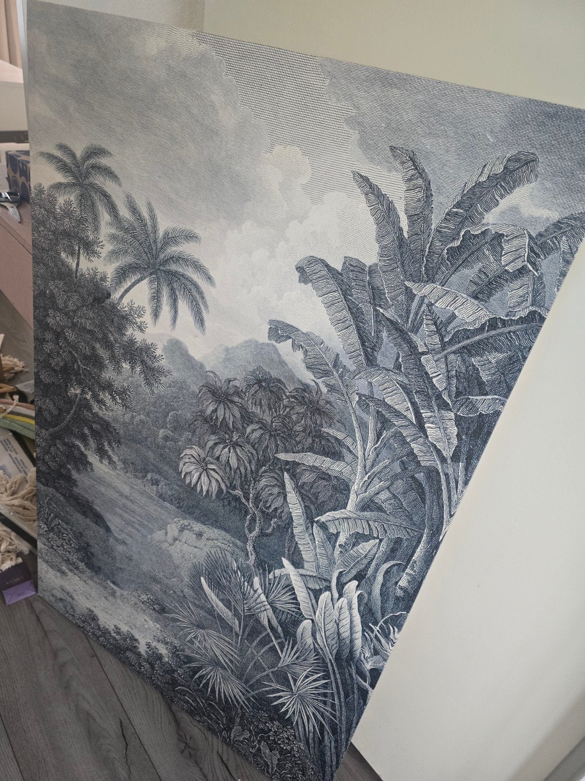 Wanddecoratie met tropisch landschap, zwart-wit, Ophalen, Schilderij, Zwart, Textiel