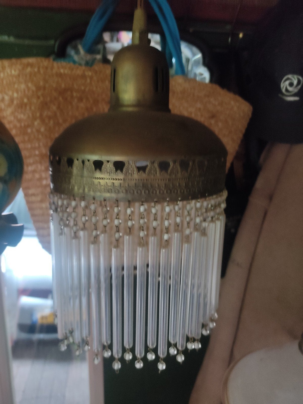 Vintage hanglamp met kralen en glazen staafjes, Ophalen of Verzenden