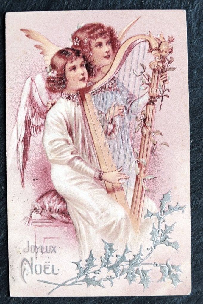 Reliefkaart Engelen bespelen harp met Kerstmis, 1907, vouw!, Verzenden, Voor 1920, Gelopen, Feest(dag)
