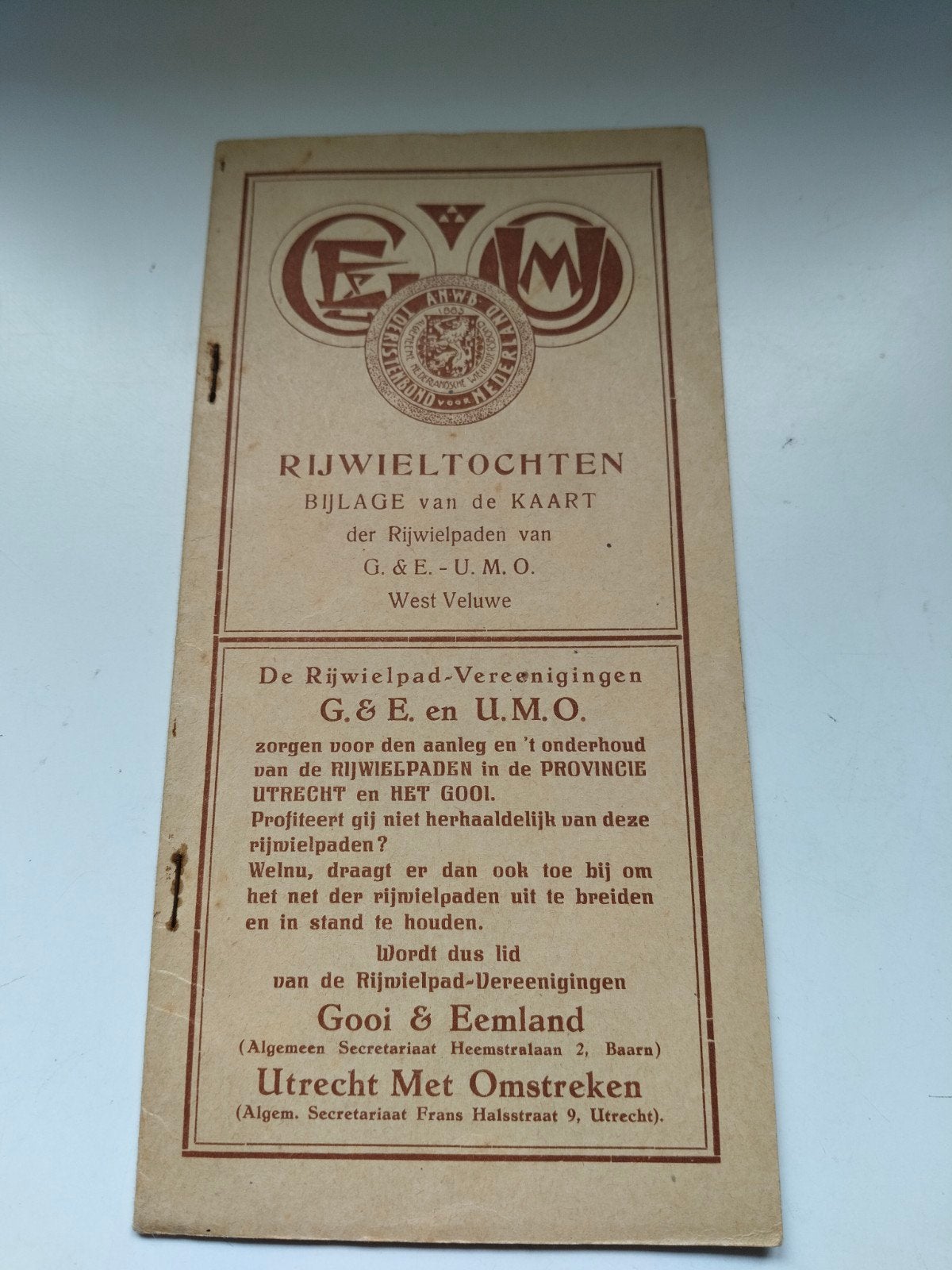ANWB Rijwieltochten West Veluwe - Oude Fietskaart Bijlage, Gelezen, Verzenden, 1800 tot 2000, Nederland